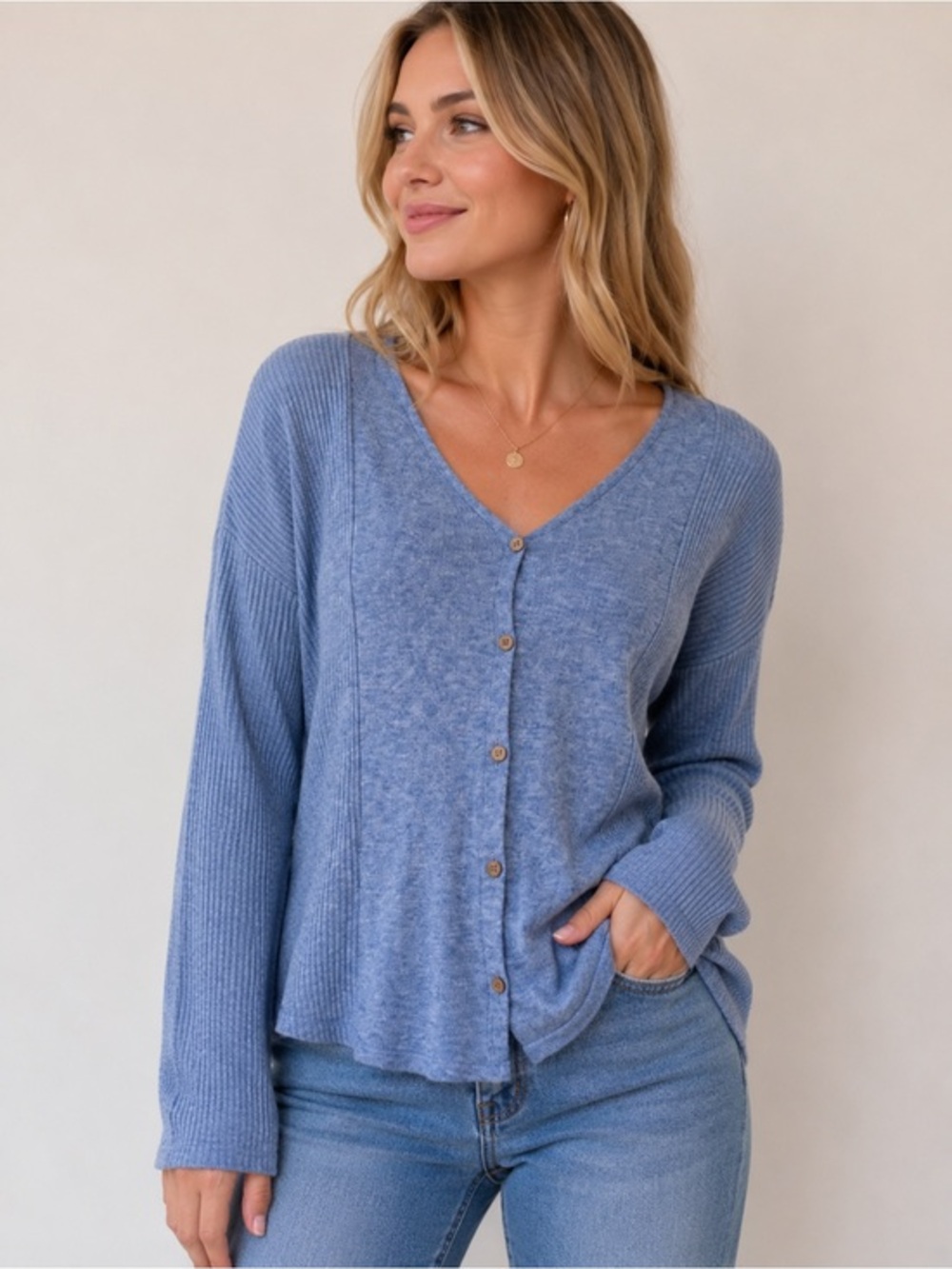 Adrienne Vittadini Blue Cardigan Ribbed Medium Button Front Soft Stretch